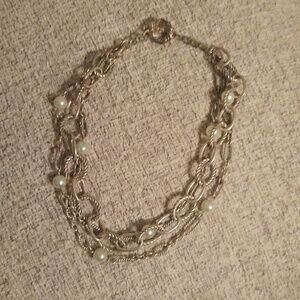 Vintage Silvertone Oval Link faux pearl multi-chain twisted necklace